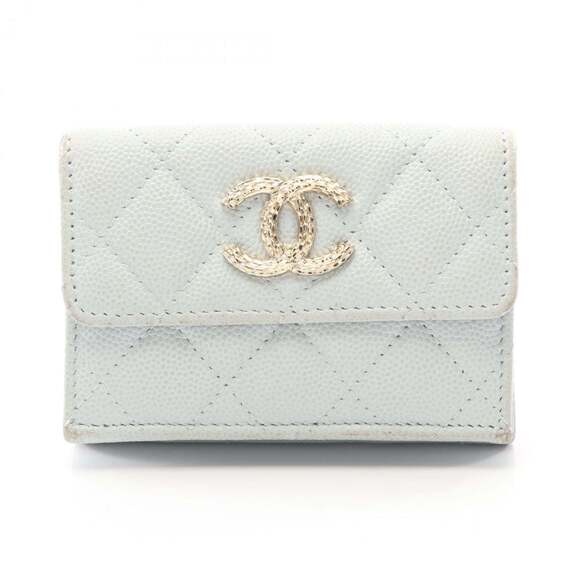 Chanel Matelassé Small Flap Wallet Tri-fold Leather Grained Calf Women's Blue